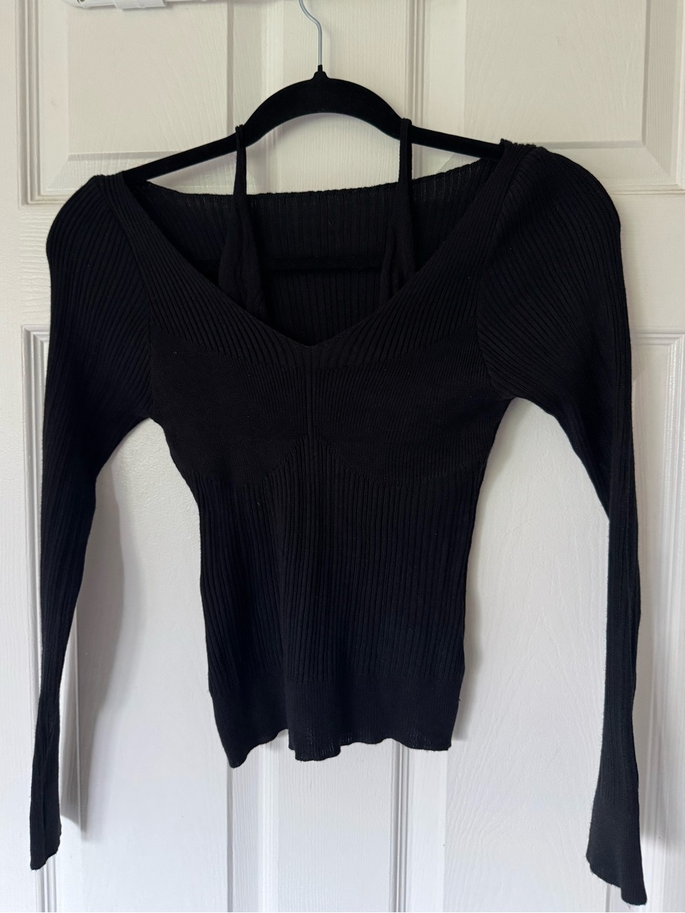 SOURCE UNKNOWN- Black Ribbed V-Neck Long Sleeve Top